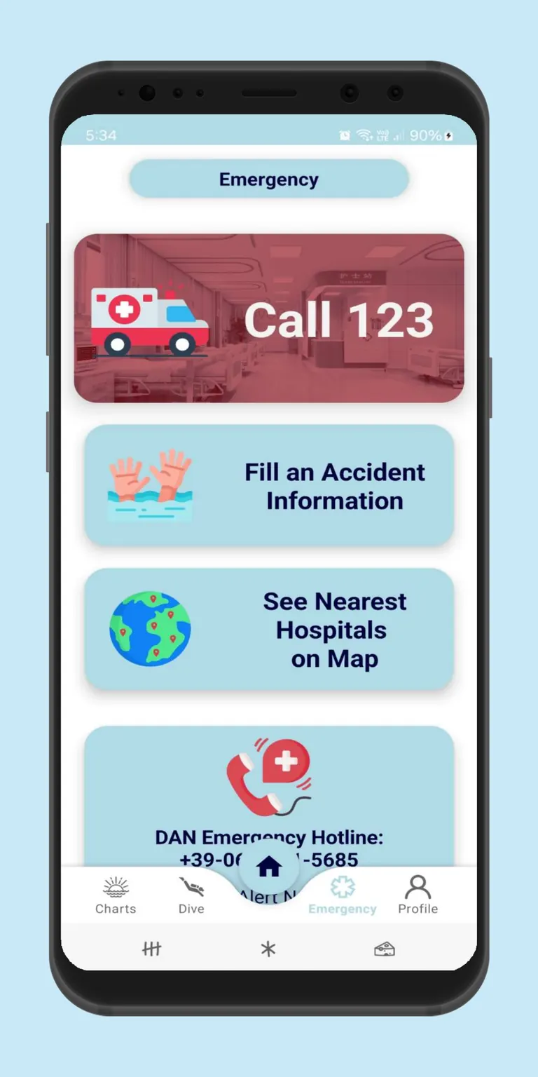 Dive emergency screen with accident reporting and nearby hospital actions
