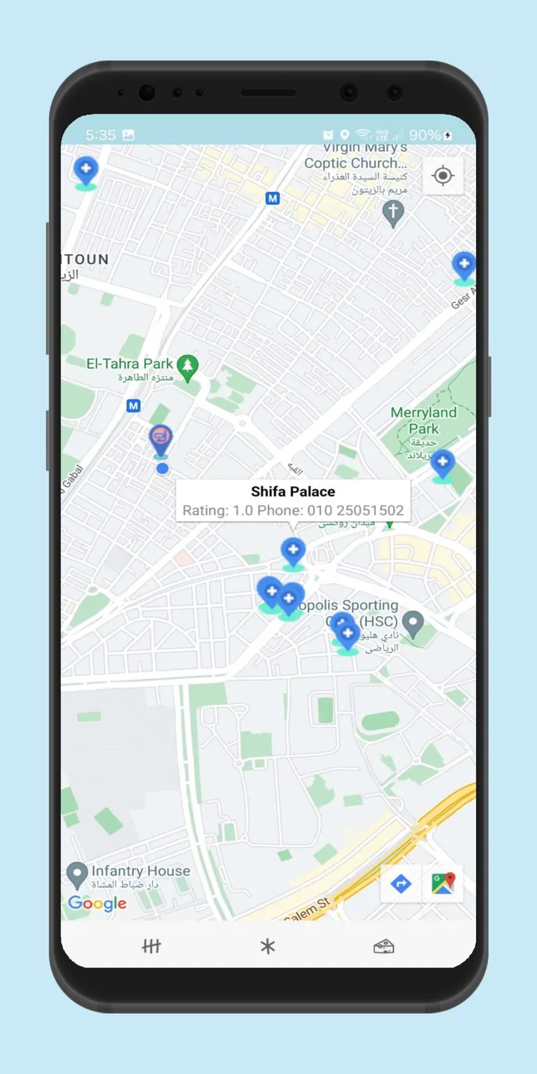 Dive map showing nearby hospitals and emergency planning locations